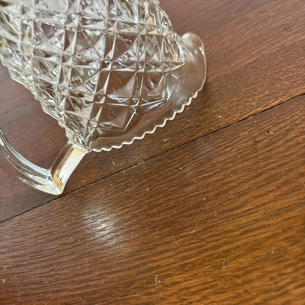Vintage Pressed Glass Pitcher Diamond Point Sawtooth Pattern Scalloped Rim 5.5in